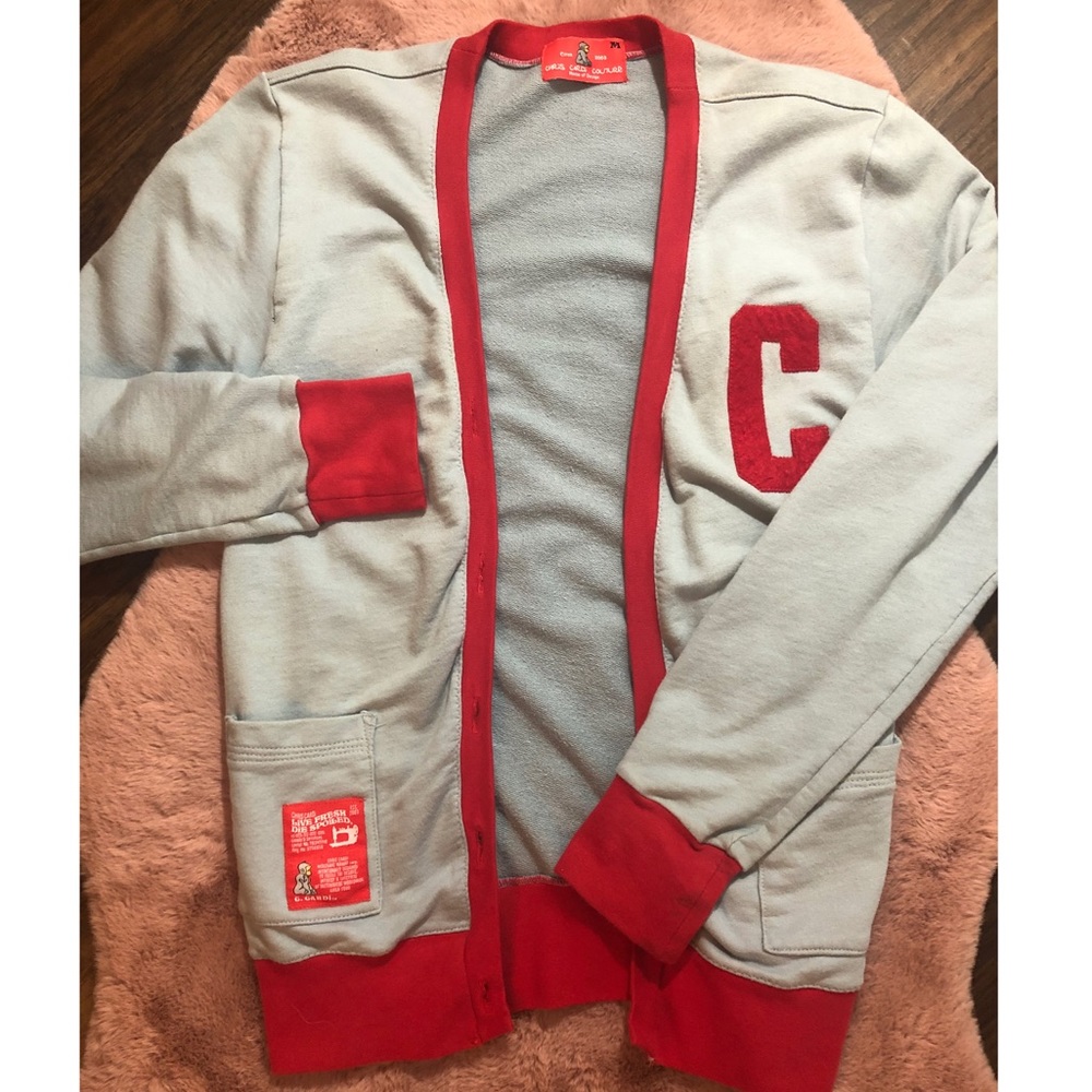 Blue Letterman Cardigan varsity blue red